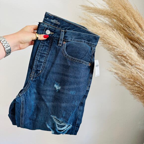 NEW OLD NAVY Blue Distressed High Waisted Button Fly Straight Leg Denim Jeans 8 - Picture 4 of 13